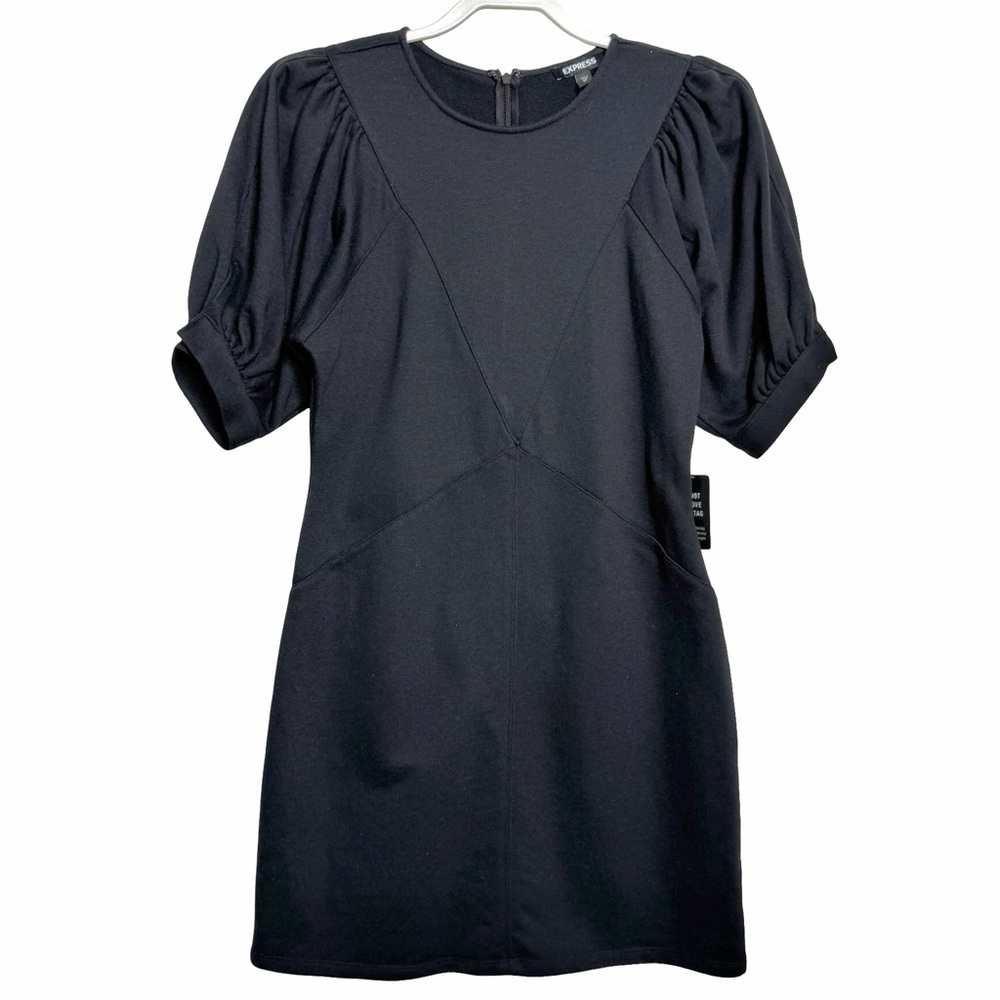 EXPRESS Black Puff Sleeve Mini Dress V-Seam Knit Stretch LBD Women's Sz XS